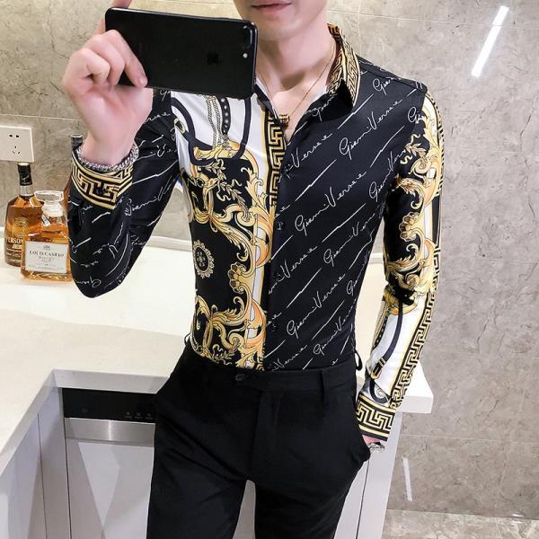 망빈티지 프린팅 긴셔츠 럭셔리 남자 화이트 슬림핏 드레스 캐주얼 블랙 사회