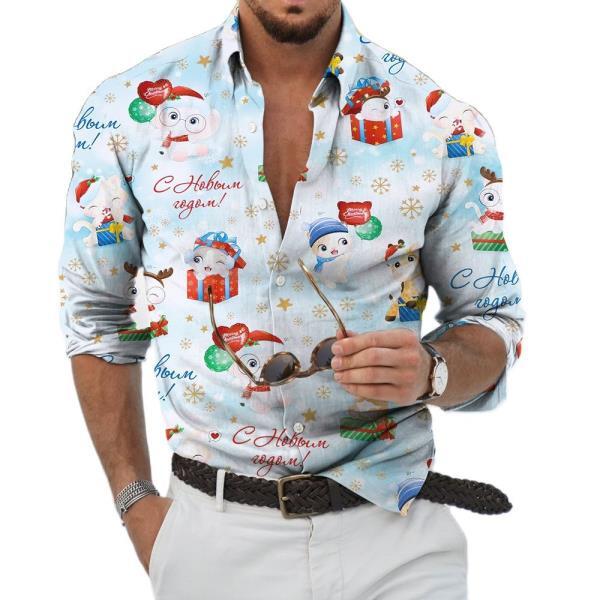 남성 셔츠크리스마스 요소 프린트 싱글 브레스트 탑 눈사람 그래픽 티셔츠,트렌드 스트릿 긴팔 셔츠