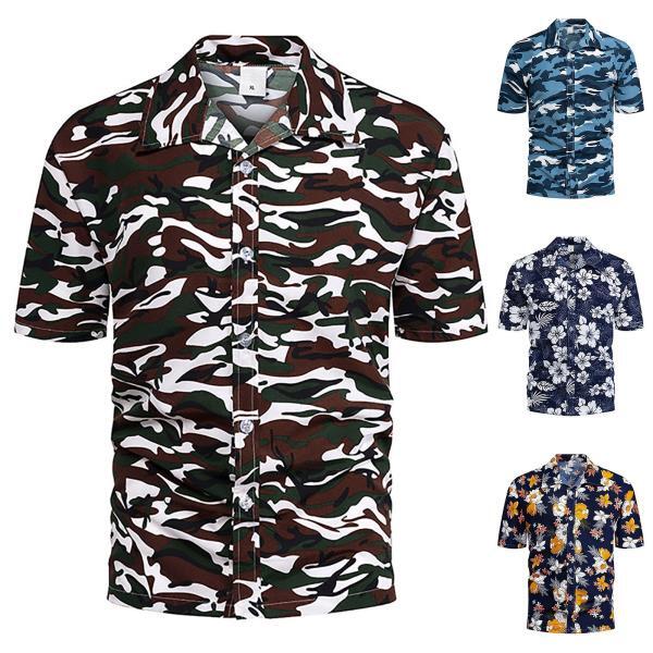 남자 여름 셔츠 꽃 무늬 프린팅 하와이안 스타일 반팔 터틀넥 버튼 다운 비치 Hombre Camisa
