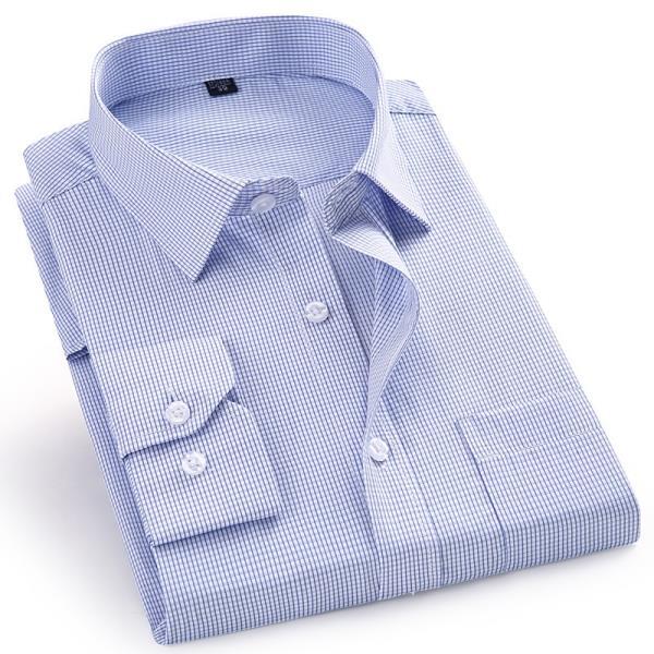 고품질 남성 드레스 캐주얼 체크 무늬 스트라이프 긴팔 셔츠, 레귤러 핏 블루 퍼플 4XL 빅사이즈