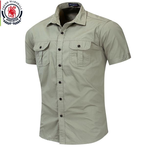 Fredd Marshall- 남성 밀리터리 셔츠, 반팔 카고 100% 코튼 캐주얼 솔리드 포켓 작업 55889