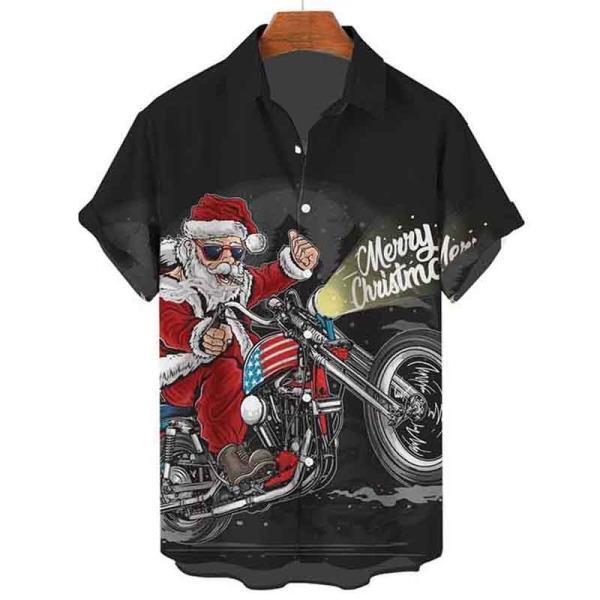 메리 크리스마스 남자 티셔츠, 산타 프린트 여름 반팔 버튼 다운 셔츠스트리트 쿨 오버사이즈 의류