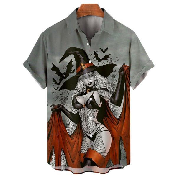 남성 셔츠 하와이 할로윈 그래픽 마녀 빈티지프린트 탑, 하라주쿠 옷깃 축제 캐주얼 대형