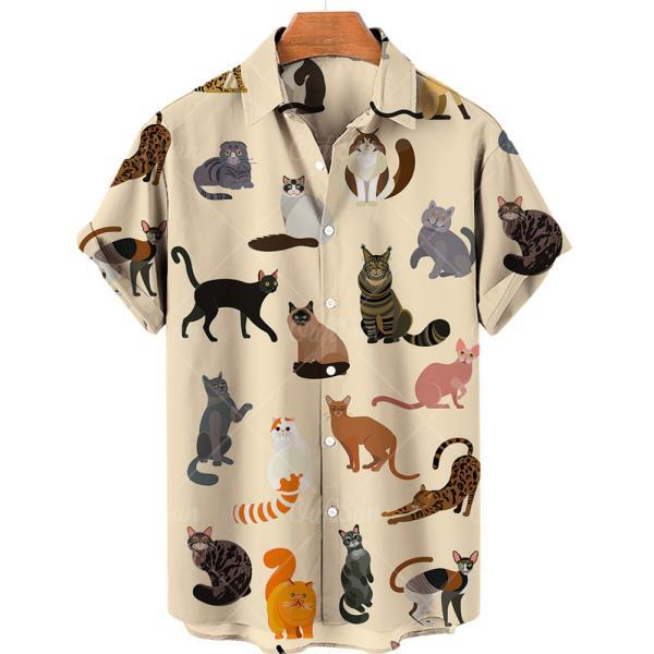 남성 셔츠, 고양이 개 동물프린팅 스트리트싱글 브레스트 옷깃 반팔 여름 캐주얼 루즈 빅 2022