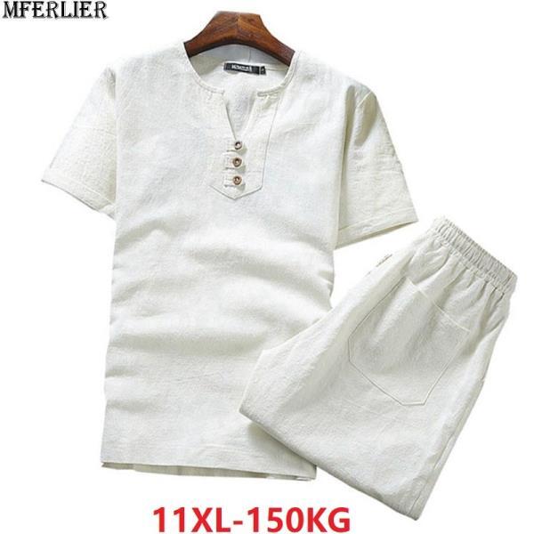 빅사이즈 빅 9XL 10XL 여름 남성 린넨 잠옷, 수면 착용, 반팔 티셔츠와 반바지, 코튼 8XL, v-넥 홈웨어 의류