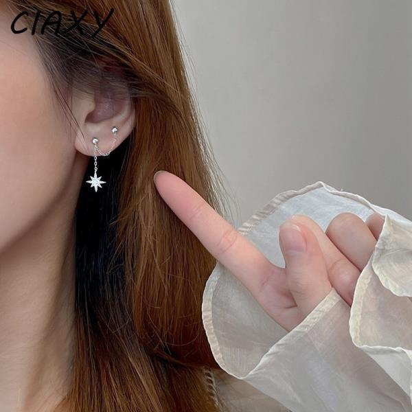 CIAXY-실버 컬러 샤이니 지르콘 스타 이어라인 태슬 귀걸이, 여자 기질 올인원 이어 스터드 귀걸이쥬얼리