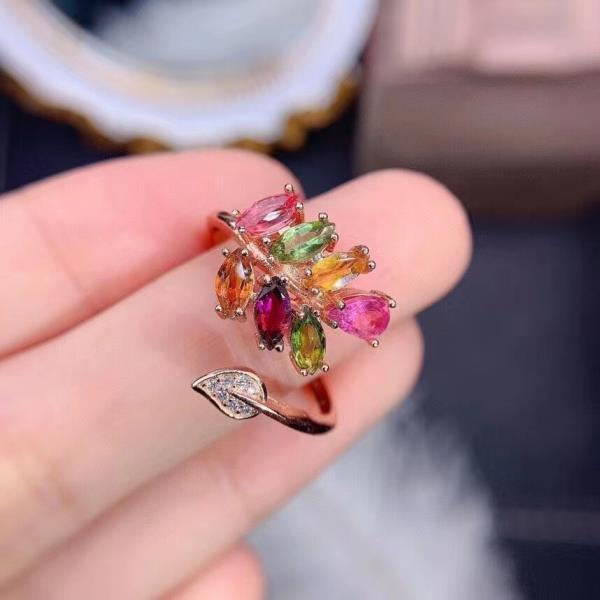 Colife 토르말린 반지 Multi-color Natural Tourmaline Ring for Party Total 1.6ct Tourmaline Silver Ring Gift