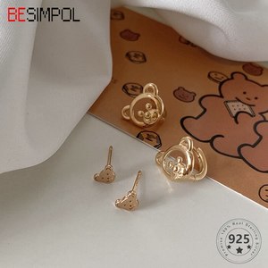 BESIMPOL 정품 925 스털링 실버 스터드 귀걸이 여성를위한 패션 귀여운 리틀 베어 여성 럭셔리 파인 쥬얼리 선물