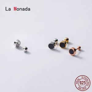LA MONADA-여성용 스터드 작은 귀걸이, 블랙 라운드 925 스털링 실버 여성 너트 귀 피어싱 귀걸이