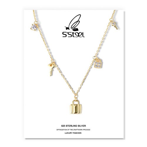 S&#039;STEEL 지르콘 목걸이 여성을위한 선물 스털링 실버 잠금 모양 기하학적 디자인 패션 펜던트 파인 쥬얼리