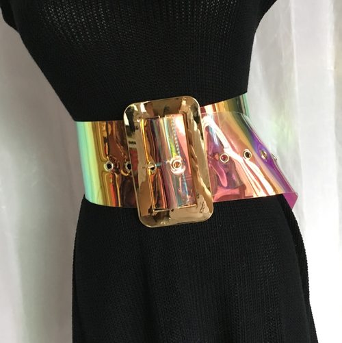새로운 뜨거운 판매 여성 패션 레이저 벨트 플라스틱 넓은 그라데이션 색상 투명 젤리 허리