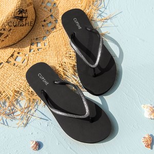 CUPSHE 블랙 반짝이 플립 플롭 오픈 토 프 스트랩 샌들 여성 2021 여름 해변 소프트 PE 슬리퍼 캐주얼 신발