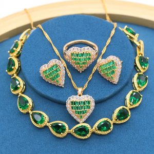 녹색 돌 하트 모양 골드 쥬얼리 세트 여성 귀걸이 목걸이 펜던트 팔찌 선물