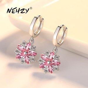 NEHZY 925 스털링 실버 귀걸이 고품질의 보석 여성 패션 새로운 핑크 크리스탈 지르콘 복고풍 꽃 스타일의 뜨거운