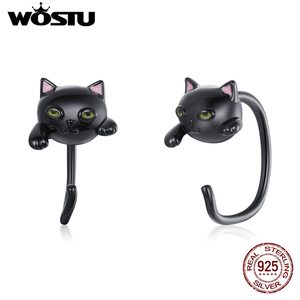 여성를위한 WOSTU 925 스털링 실버 귀여운 고양이 스터드 귀걸이 3D 검은 여성 아이 패션 쥬얼리 선물 BKE1125