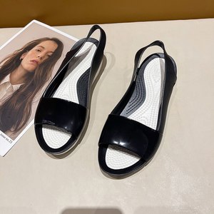 2021 새로운 여성 여름 다채로운 젤리 신발 캐주얼 비치 플랫 샌들 들여다 발가락 미끄럼 방지 플라스틱 슬리퍼