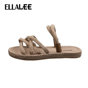 ELLALEE 여름 밀짚 샌들 여성 플랫 슬립 온 슬리퍼 고무 미끄럼 방지 EVA 두 가지 스타일 캐주얼 패션 비치 신발