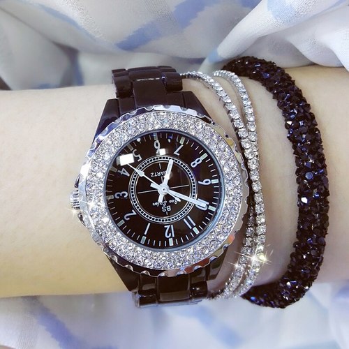 다이아몬드 시계 여성 2020 유명 브랜드 블랙 세라믹 스트랩 여성의 손목 라인 석