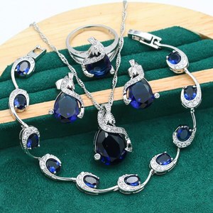 개인화 된 925 실버 쥬얼리 세트 로얄 블루 크리스탈 팔찌 귀걸이 목걸이 펜던트 반지 웨딩 선물