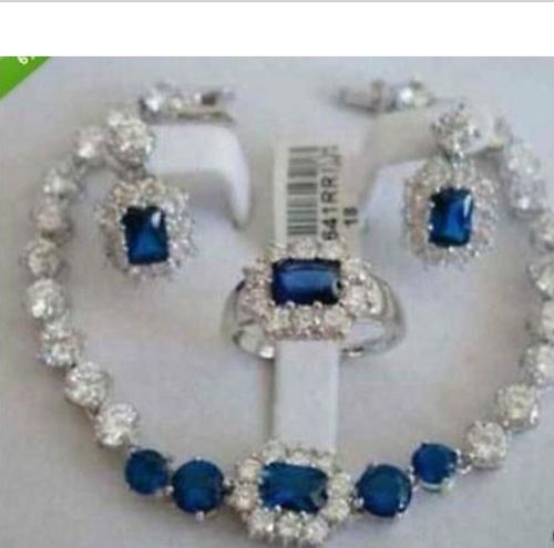 주얼리 여성 세트 블루 옥 팔찌 귀걸이 반지 도금 시계 쿼츠 스톤 CZ 크리스탈, 도매