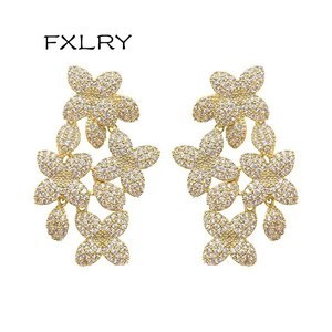 FXLRY 새로운 디자인 우아한 패션 황금 지르콘 꽃 드롭 귀걸이 여성 쥬얼리에 대한