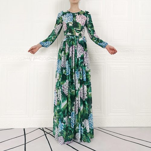 긴 드레스  가을 여성 BOHO 고품질 파티 캐주얼 우아한 세련된 녹색 식물 프린팅 슬림 소매 시폰