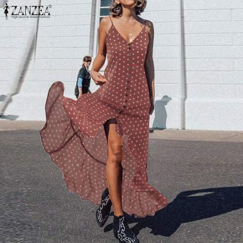 여자 비치 맥시 드레스  ZANZEA 세련된 폴카 SUNDRESS 버튼 스파게티 스트랩 여름 VESTIDOS V 넥 프린트 로브
