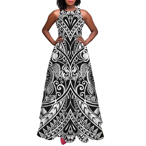 HYCOOL 폴리네시아인 부족 프린트 반팔 무지 여름 롱 블랙 드레스 A-LINE 맥시 여성용 SUNDRESS