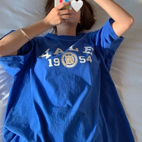 블루 빈티지 레터 프린트 티셔츠 여자 오버사이즈 코튼 여름 스트리트웨어 슈퍼 시크 학생 하라주쿠,  신제품