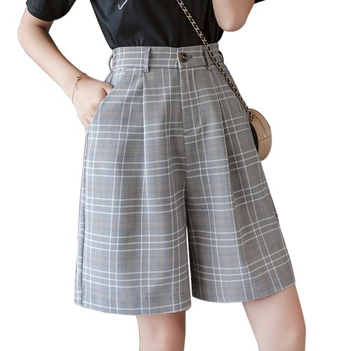 S-3XL 새시 티 반바지 하이 웨스트 여름 빈티지 체크 무늬 와이드 레그 정장 짧은 여자  모든 경기 스트레이트 벨트 소녀
