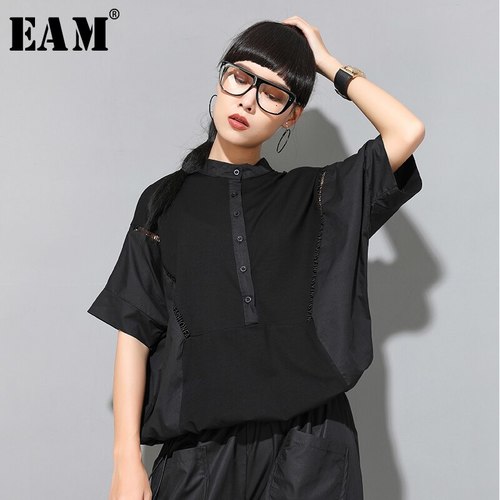 [EAM] 여성 블랙 문자 업 빅 사이즈 티셔츠 새로운 스탠드 칼라 반 소매 패션 조수 봄 여름  1W046