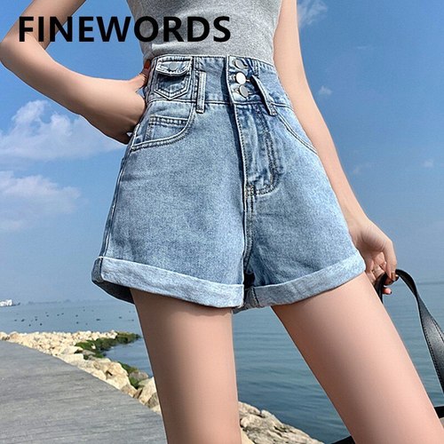 FINEWORDS 3 버튼 하이 웨스트 반바지 청바지 여자용 소형 포켓 여름 데님  캐주얼 커프 와이드 레그 숏 팬츠
