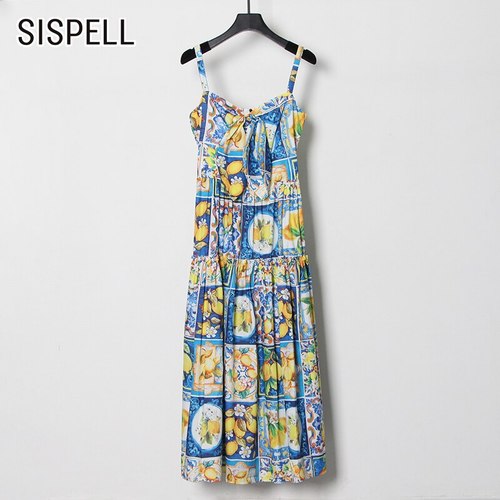 SISPELL 프린팅 COLORBLOCK 여성 드레스 스퀘어 칼라 민소매 높은 허리 슬리밍 WOEMN의 빈티지 패션 새로운