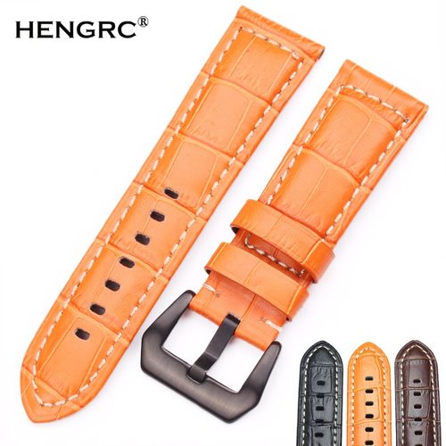HENGRC 시계 밴드 22MM 24MM 남성 브라운 블랙 오렌지 두꺼운 정품 가죽 스트랩 PANERAI 액세서리