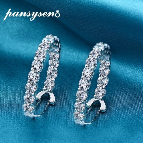 PANSYSEN 여성용 100 925 스털링 실버 주얼리 귀걸이 4MM 만든 MOISSANITE 다이아몬드 클립  파인 쥬얼리