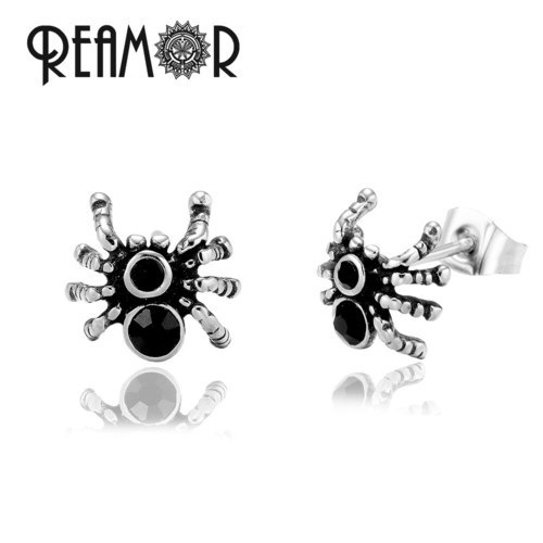 REAMOR-독특한 스파이더 스터드 귀걸이 3 쌍, 여성용 쥬얼리 펑크 스테인레스 스틸 블랙 CZ 남성 멋진 선물