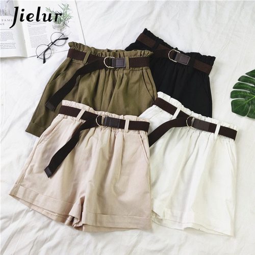 JIELUR 4 솔리드 컬러 반바지 여자  여름 패션 새시 높은 허리 탄성 블랙 화이트 살구
