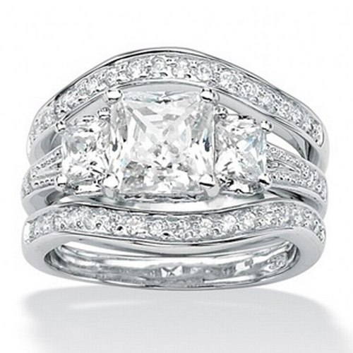 빈티지 스퀘어 3 돌 다이아몬드 반지세트 3-IN-1 럭셔리 10K 화이트 골드 약혼 결혼 반지 여성을위한 손가락 보석 선물