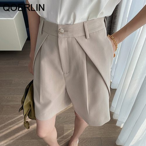QOERLIN 세련 PLEATED 얇은 양복 반바지 여성 여름 우아한 높은 허리 박시 넓은 다리 캐주얼 블랙 정장 의류