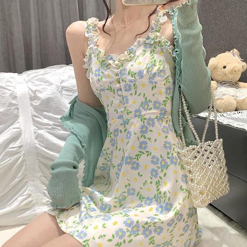 소프트 첫 번째 사랑 바람 SUSPENDER 드레스 슬림 허리와 짧은 치마와 여름 새로운 깨진 꽃 치마
