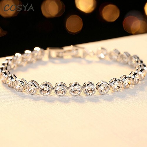 COSYA 리얼 925 스털링 실버 기질 라운드 높은 탄소 다이아몬드 4MM 패션 팔찌 여성 웨딩 파티 파 쥬얼리