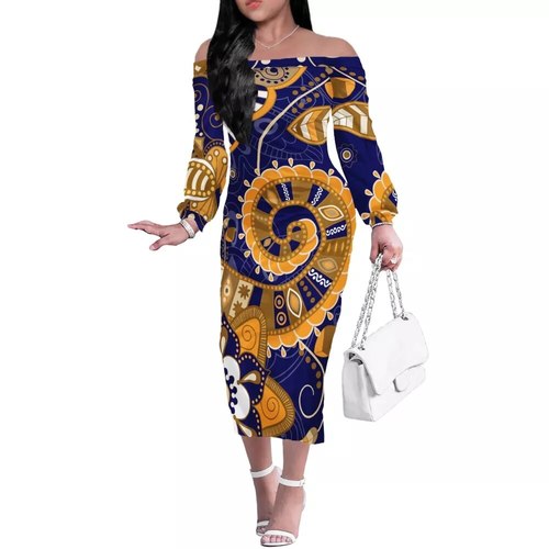 HYCOOL  도착 패션 여성 우아한 네크라인 오프 숄더 긴 소매 프린팅 폴리네시아어 부족 파티 연필 드레스