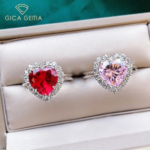 GICA GEMA 하트 여성을위한 레드 핑크 다이아몬드 반지 여자 리얼 925 스털링 실버 바다의 심장 친구에게 결혼 선물