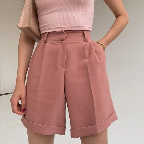 여름 여성 높은 허리 반바지 포켓 솔리드 컬러 캐주얼 느슨한 넓은 다리 하단 패션  오피스