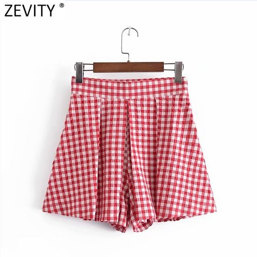 ZEVITY- 여자 패션 붉은 체크 무늬 프린트 주름 핫 버뮤다 스커트 반바지 세련 사이드 지퍼 캐주얼 PANTALONE CORTOS P1090