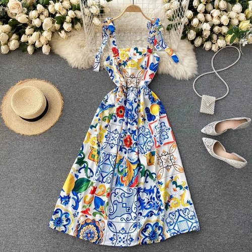 패션 활주로 여름 드레스 여성용 활 스파게티 스트랩 백리스 파란색과 화이트 도자기 꽃 프린트 롱 드레스,