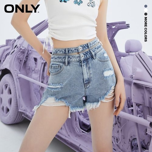ONLY  여름 패션 찢어진 더블 웨이스트 할로우 디자 데님 반바지 여자 | 121243003