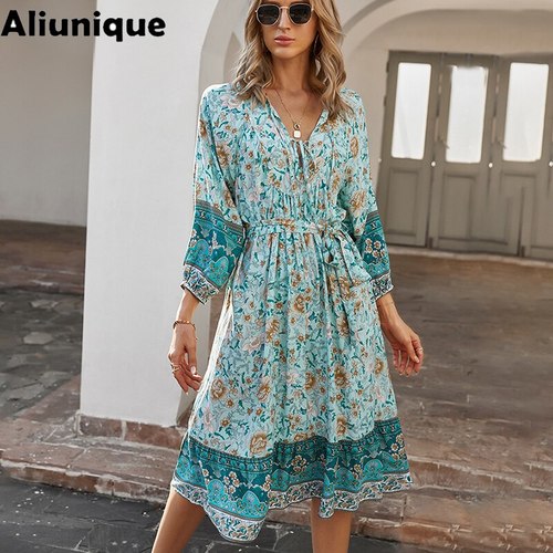 ALIUNIQUE-여자용 새로운 보헤미안 휴가 프린트 드레스,  여름 패션 디자인 쉬폰 캐주얼 롱 드레스