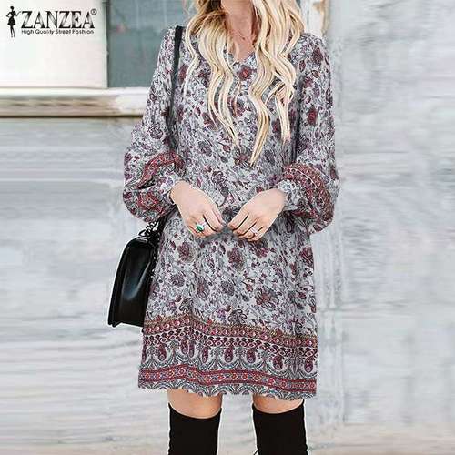 ZANZEA  패션 봄 드레스 여성 프린트 SUNDRESS 퍼프 소매 미니 VESTIDOS 캐주얼 V 넥 로브 FEMME OVERSIZED