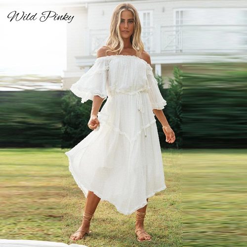 WILDPINKY BOHO 여름 흰 드레스 여성 긴  오프 어깨 플레어 슬리브 도트 숙녀 휴일 비치 VESTIDOS